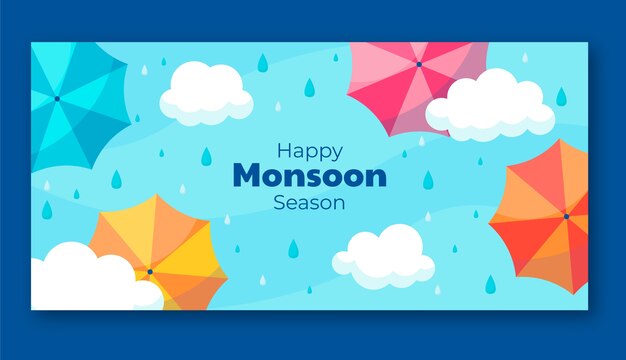 Flat monsoon season sale horizontal banner template with umbrellas