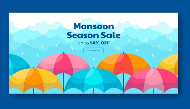 Flat monsoon season sale horizontal banner template with umbrellas