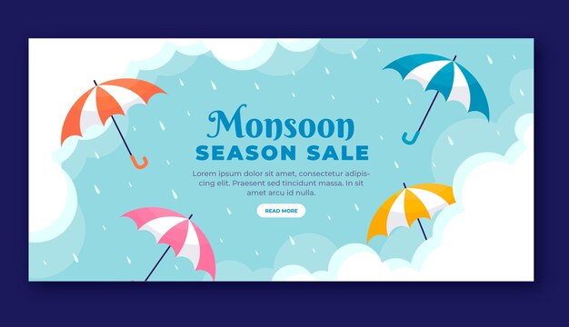 Flat monsoon season sale horizontal banner template with umbrellas