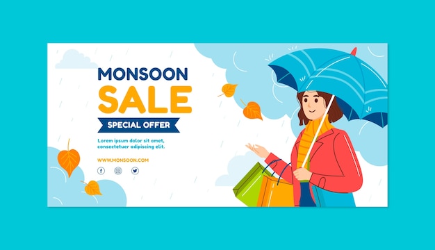 Flat monsoon season sale horizontal banner template with woman holding umbrella and bag