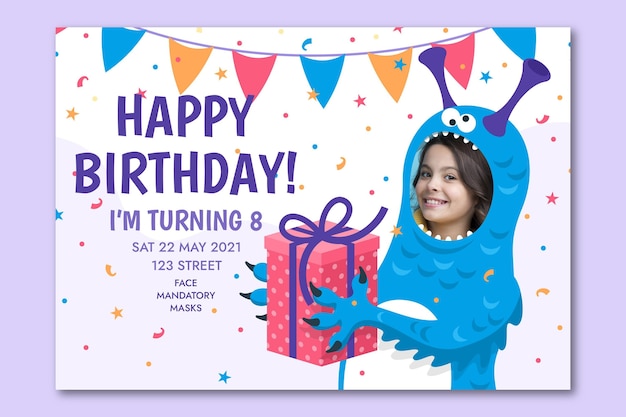 Free Vector flat monster birthday invitation template with photo