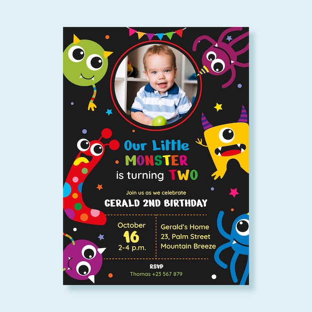 Free Vector flat monster birthday invitation template with photo