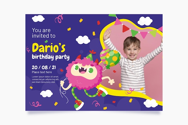 Free Vector flat monster birthday invitation template with photo