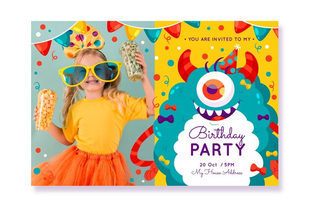 Flat monster birthday invitation template with photo