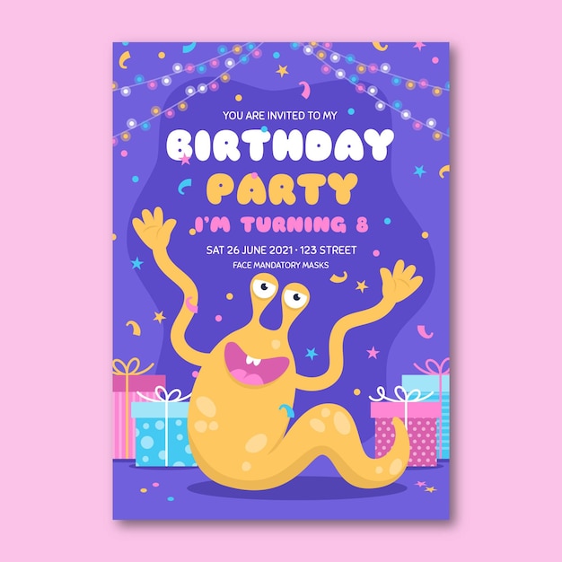 Flat monster birthday invitation template