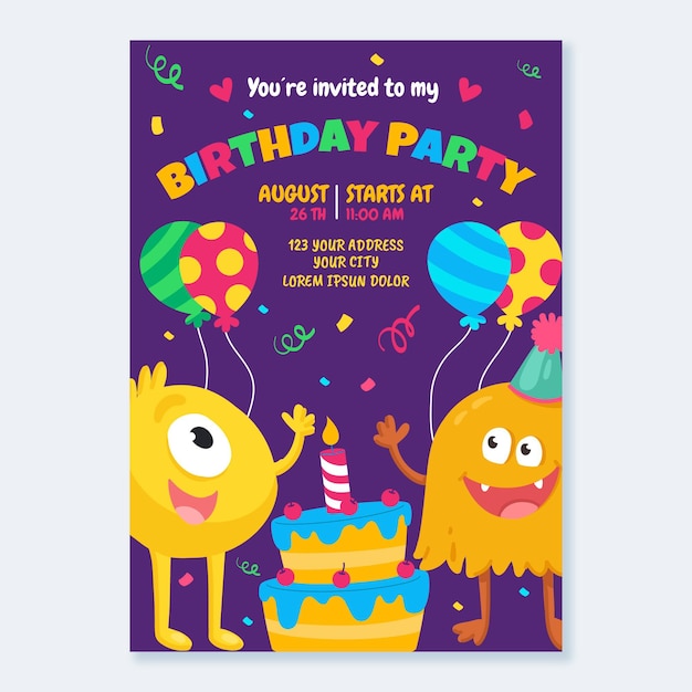 Flat monsters birthday invitation