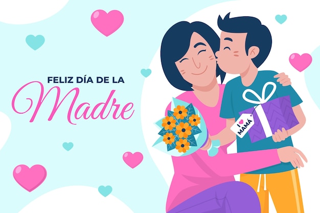 Flat mother's day background in spanish with son kissing mother