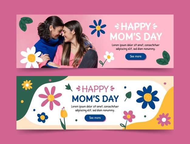 Flat mother's day horizontal banners pack