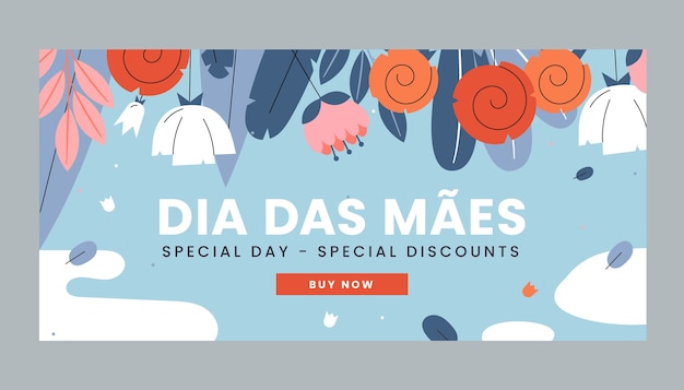 Flat mothers day horizontal banner template in portuguese