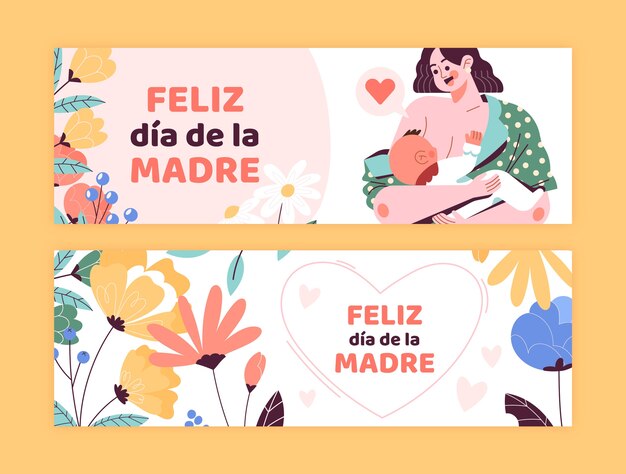 Flat mothers day horizontal banners pack in spanish