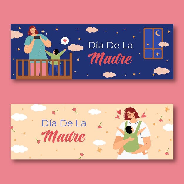 Flat mothers day horizontal banners pack in spanish