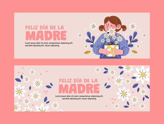 Flat mothers day horizontal banners pack in spanish