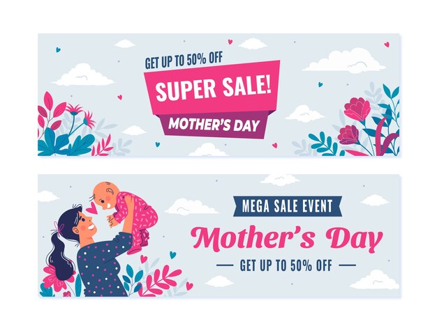 Free vector flat mothers day sale horizontal banners pack