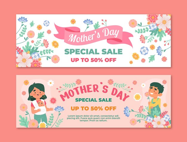 Flat mothers day sale horizontal banners pack