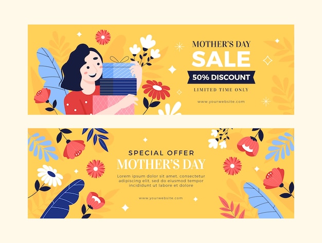 Flat mothers day sale horizontal banners pack