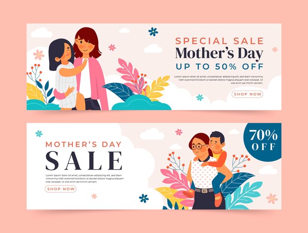 Flat mothers day sale horizontal banners pack