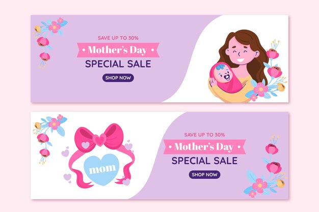 Flat mothers day sale horizontal banners pack