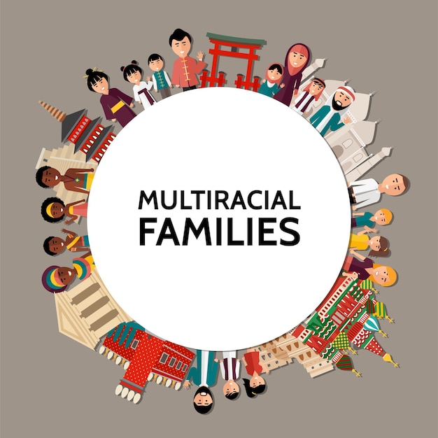 Flat multiracial people round concept with men women children of different ethnicities and sights of various countries illustration