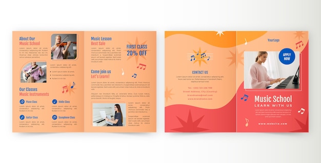 Flat music education and school bifold brochure template