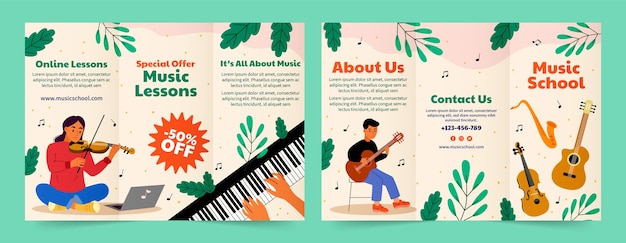 Flat music education and school bifold brochure template