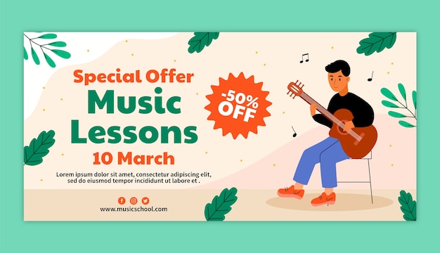 Free vector flat music education and school horizontal sale banner template