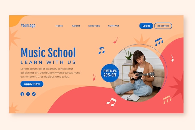 Flat music education and school landing page template