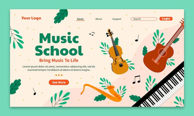 Flat music education and school landing page template