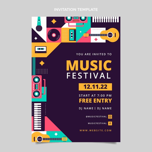 Flat music festival invitation template with mosaic design