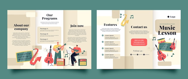 Flat music school classes and education brochure template