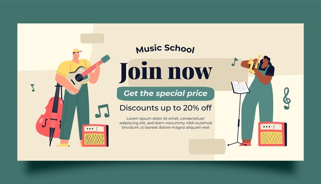 Flat music school classes and education horizontal sale banner template