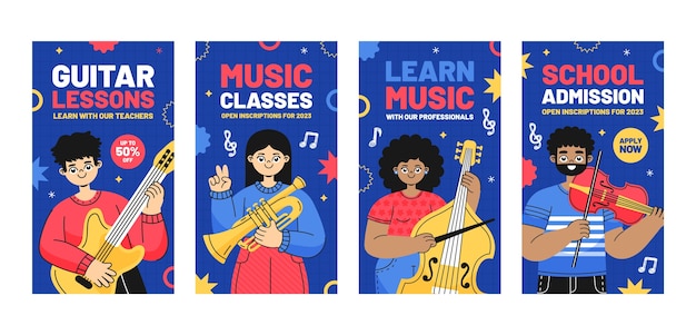 Free Vector flat music school classes and education instagram stories collection