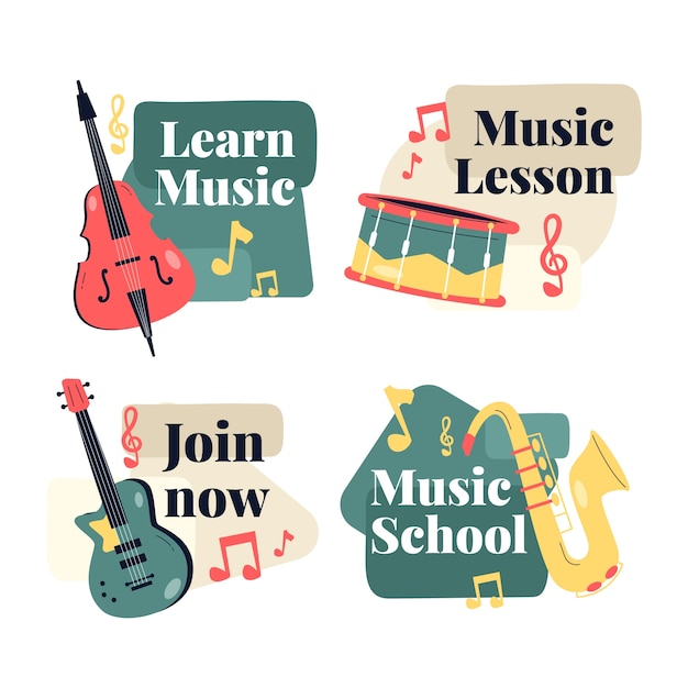 Flat music school classes and education labels collection