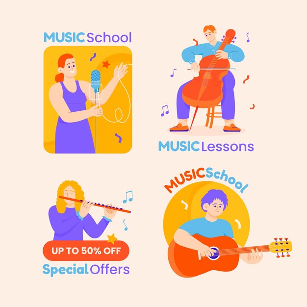 Flat music school classes and education labels collection