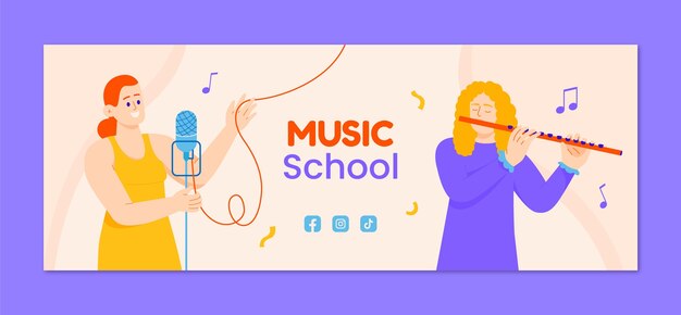 Flat music school classes and education social media cover template