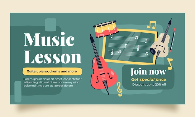 Free vector flat music school classes and education social media promo template