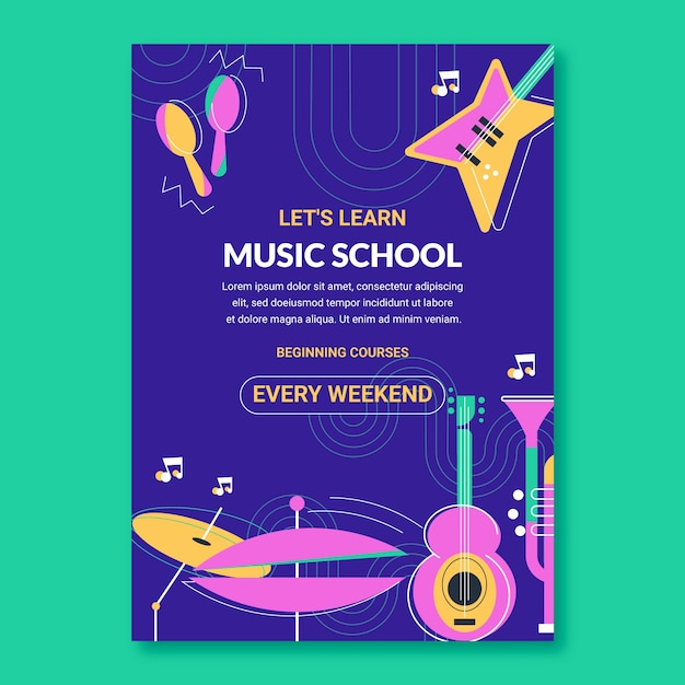 Flat music school classes and education vertical poster template