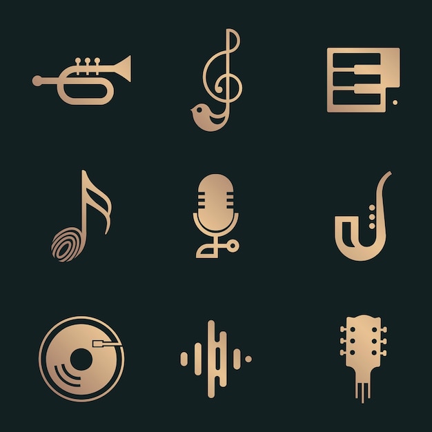 Free Vector flat music vector icon design collection in black and gold