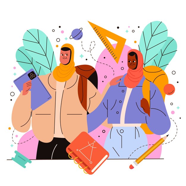 Flat muslim girls education illustration