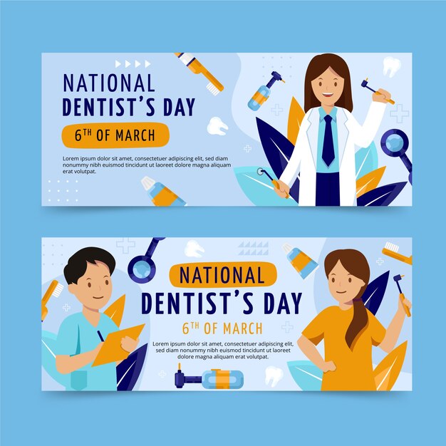 Flat national dentist's day horizontal banners set