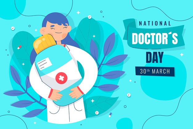 Flat national doctor's day background with doctor holding medicine bottle