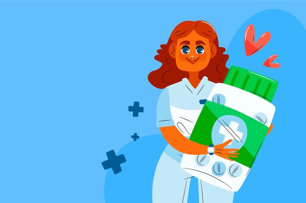 Flat national doctor's day background with medic holding bottle of medicine