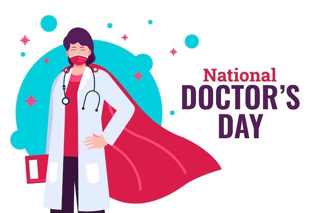 Flat national doctor's day background with medic wearing cape