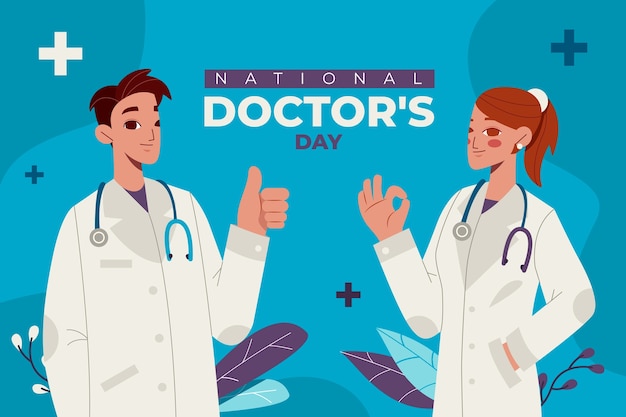 Flat national doctor's day background with medical staff showing thumbs up and ok sign