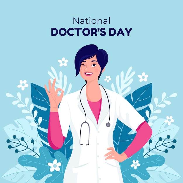 Flat national doctor's day illustration with female medic showing ok sign and winking