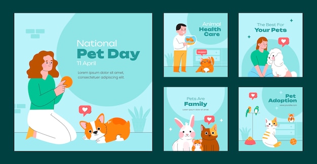 Free Vector flat national pet day instagram posts collection