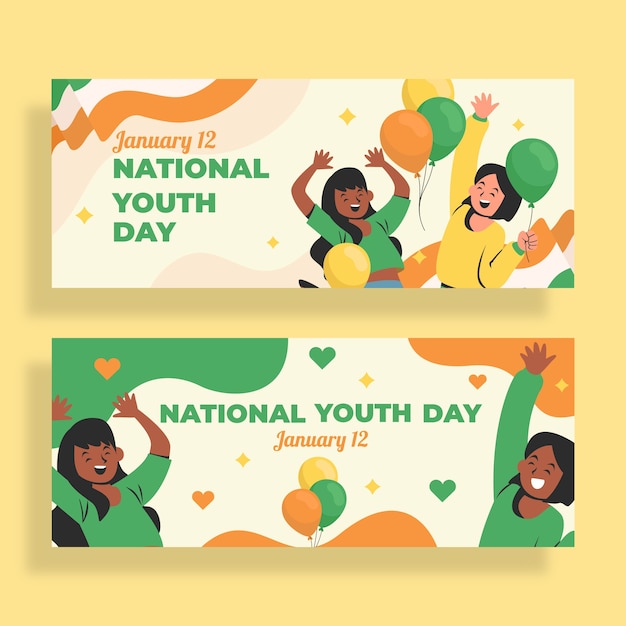 Flat national youth day horizontal banners set