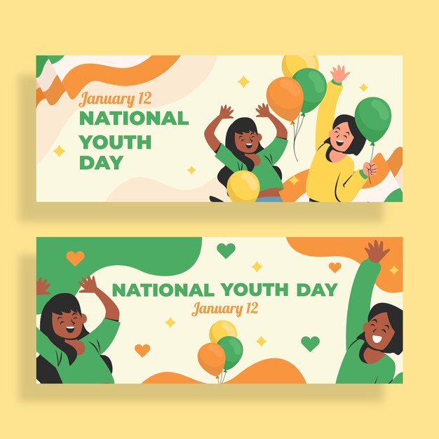 Flat national youth day horizontal banners set