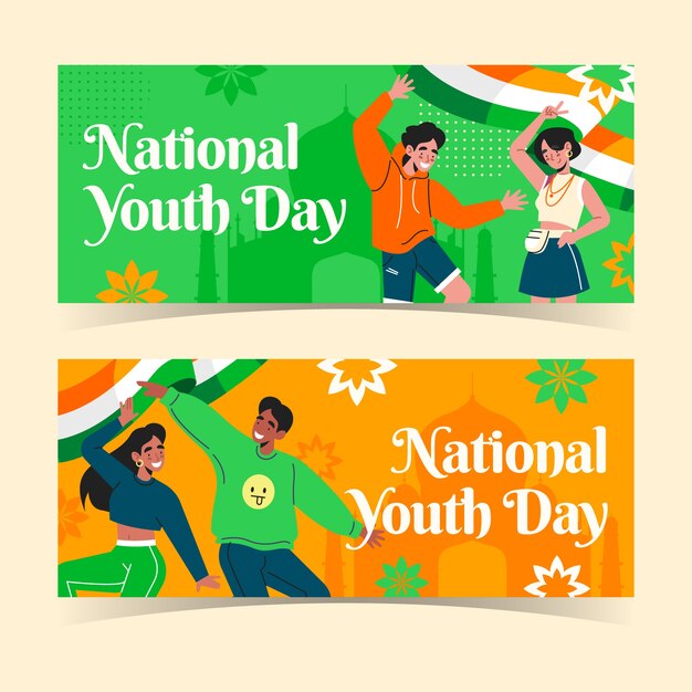 Flat national youth day horizontal banners set