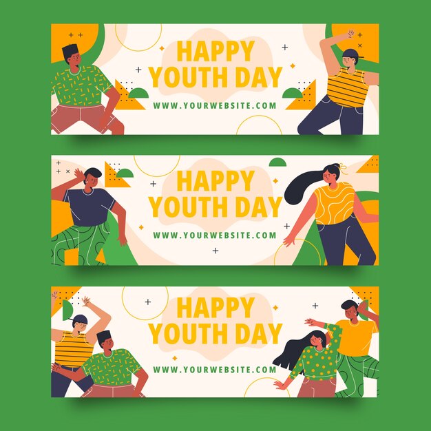 Flat national youth day horizontal banners set