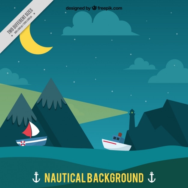 Free vector flat nautical background with ships and lighthouse